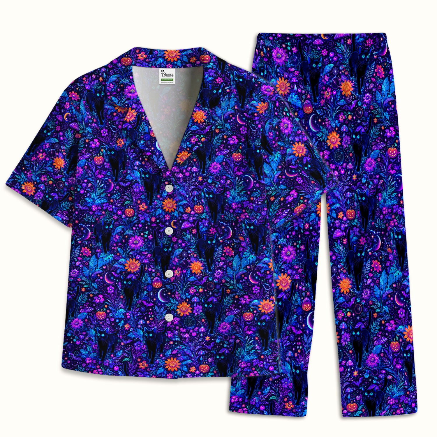 Halloween Black Cat Floral Print Pajama Set, Soft Breathable Fabric Comfortable Sleepwear
