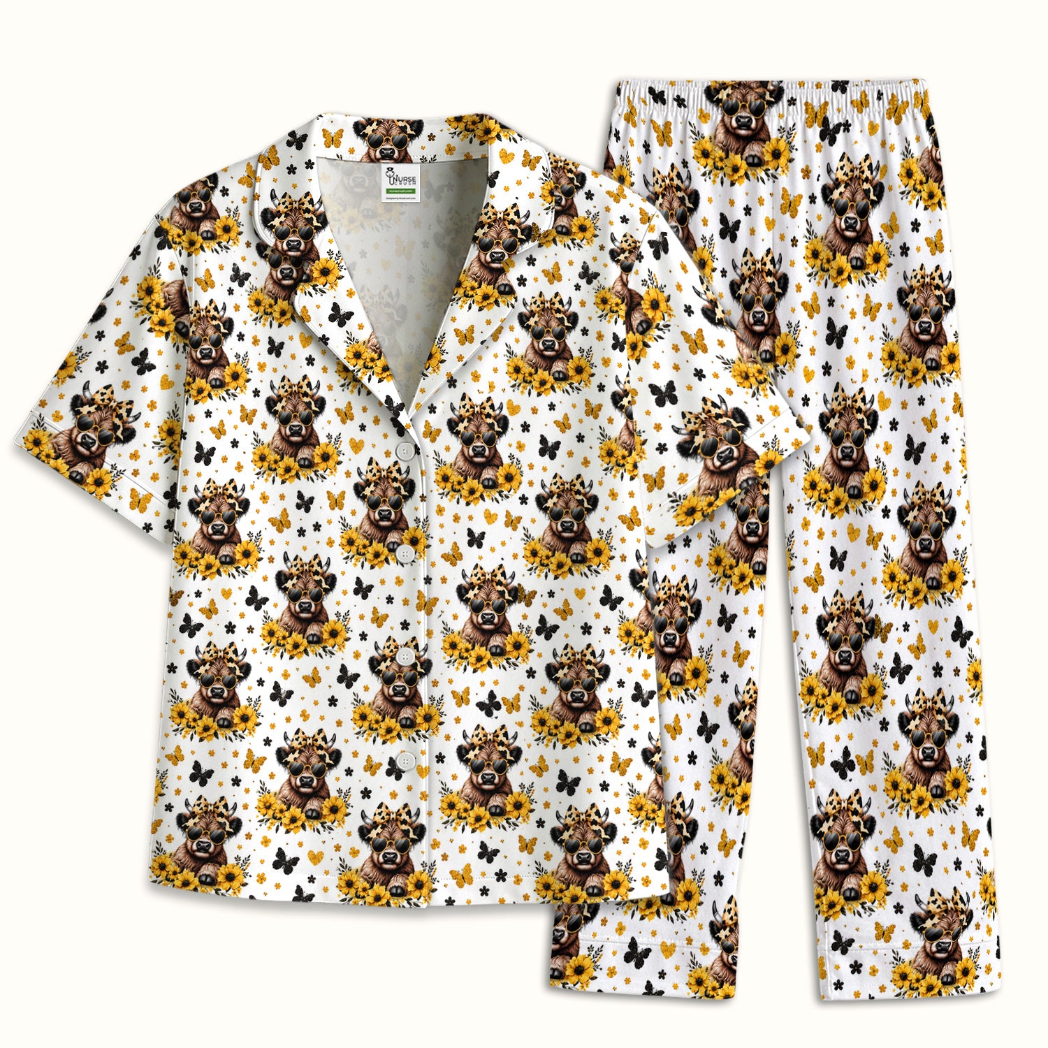Sassy Highland Cow Sunflower Pattern Pajama Set, Soft Breathable Fabric Comfortable Sleepwear