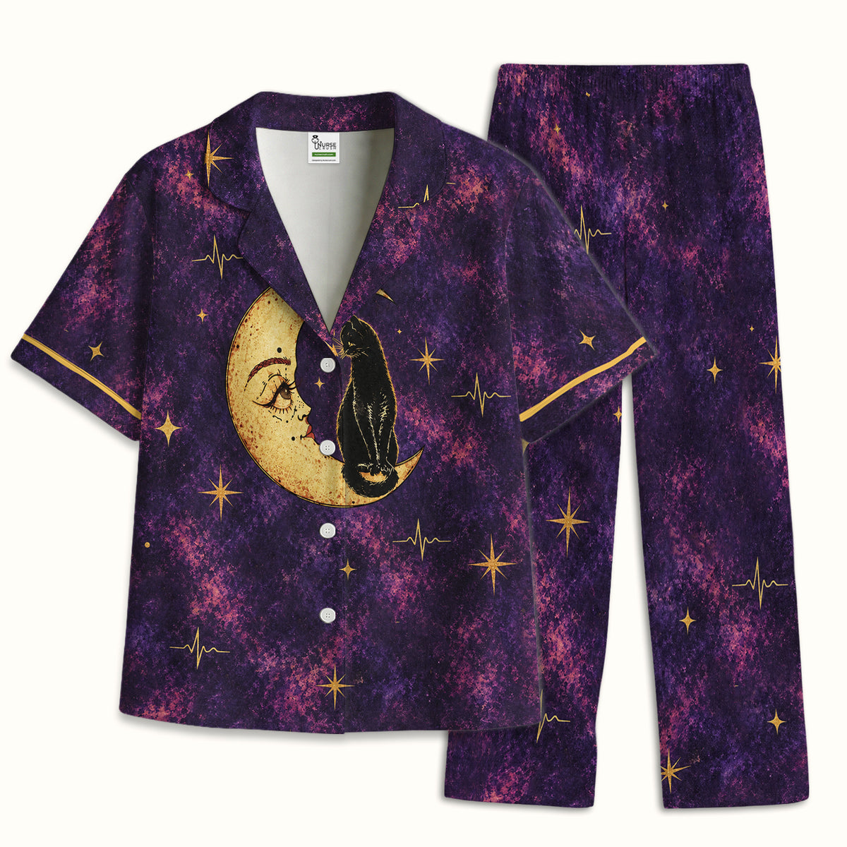 Celestial Nurse Black Cat Crescent Moon Pajama Set, Soft Breathable Fabric Comfortable Sleepwear