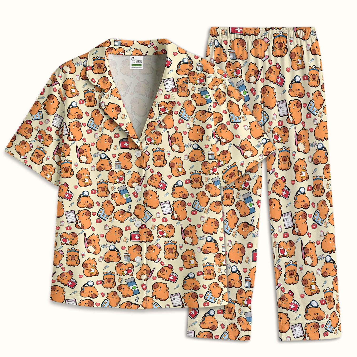 Capybara With Stethoscope And Medical Tools Seamless Pajama Set, Breathable Fabrics Uniform