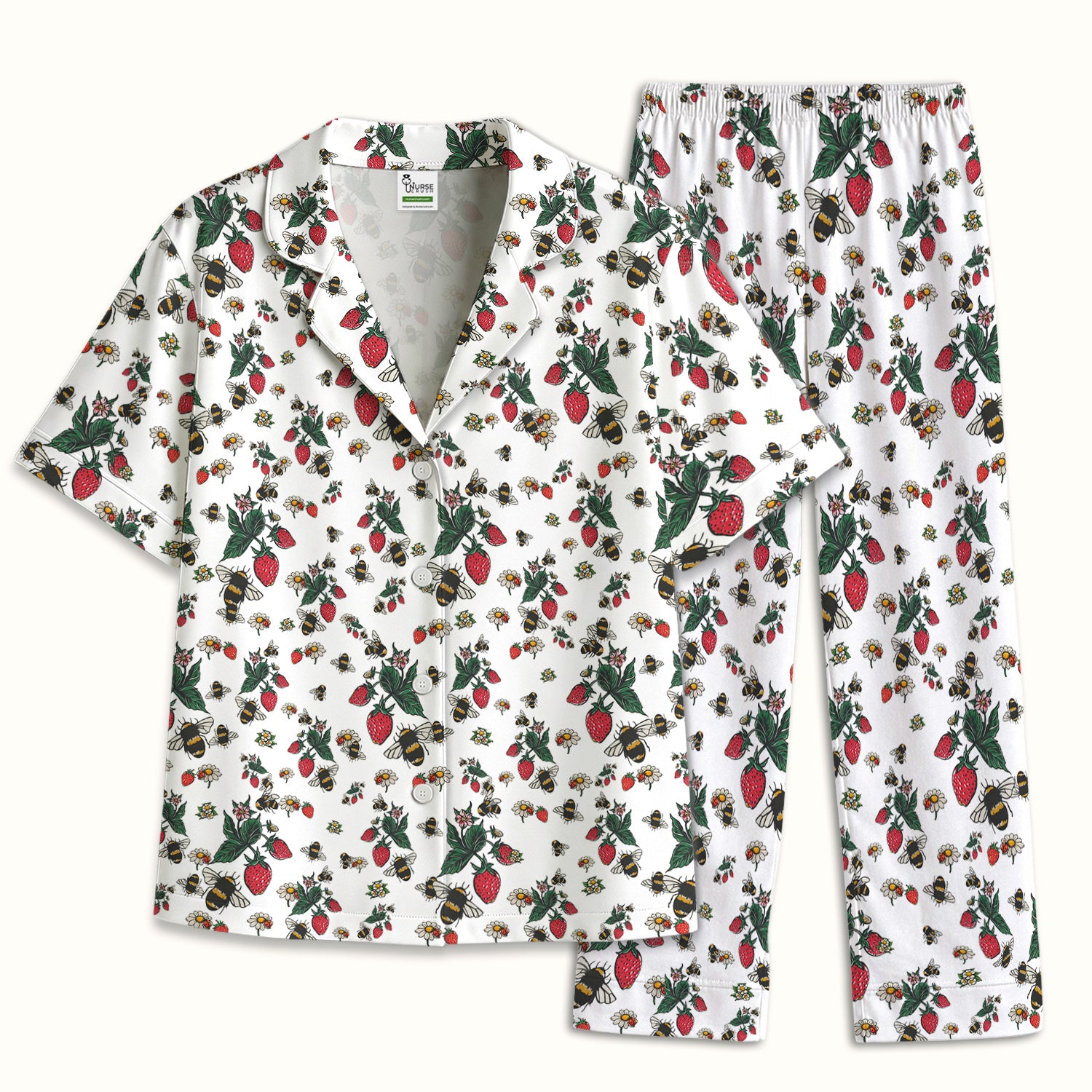 Cute Strawberry Bee Daisy Floral Pattern Pajama Set, Breathable Fabrics Uniform