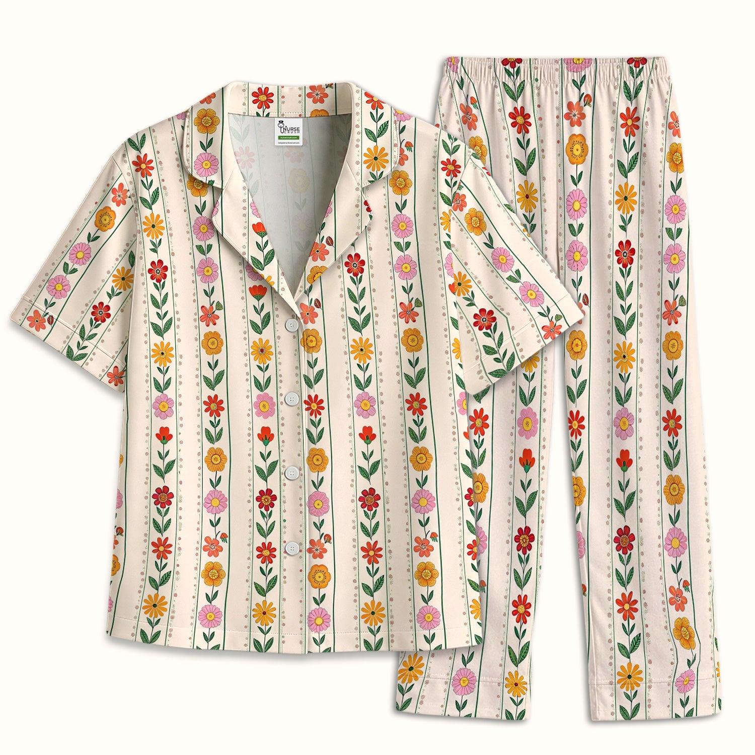 Retro Floral Stripe Print Pajama Set, Soft Breathable Fabric Comfortable Sleepwear