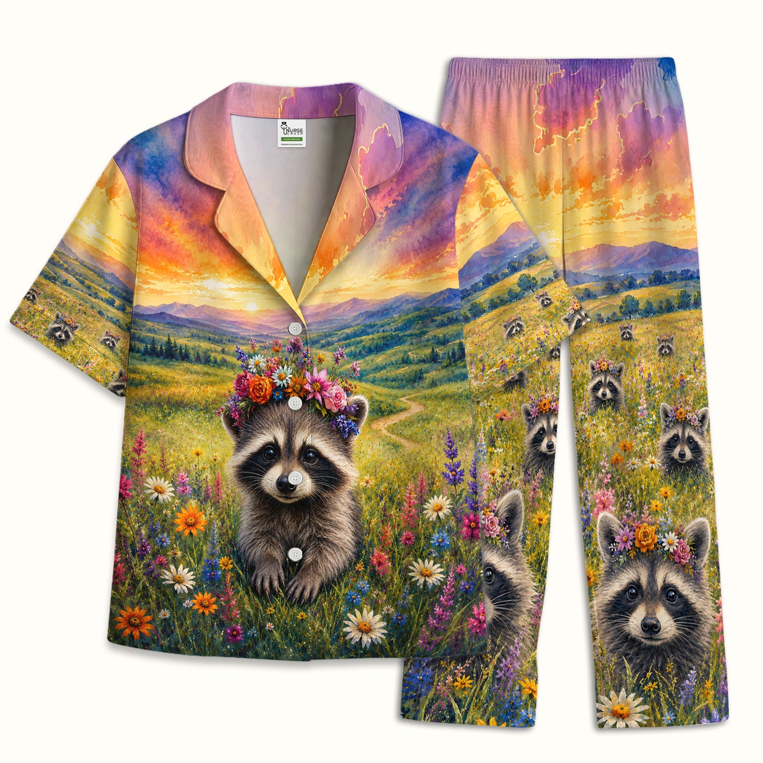 Floral Raccoon Meadow Veterinary Nurse Pattern Pajama Set, Soft Breathable Fabric Comfortable Sleepwear