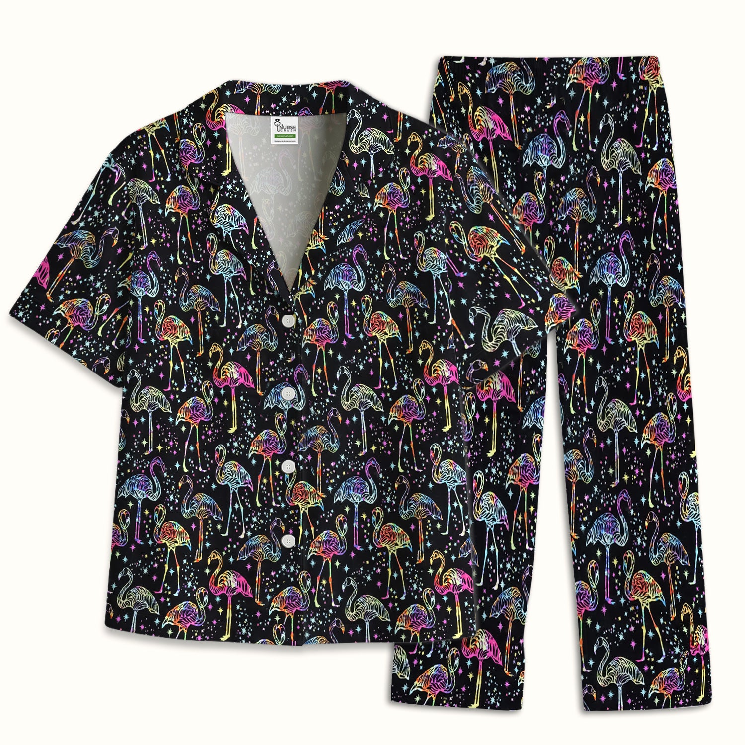 Neon Flamingo Starry Night Pattern Pajama Set, Soft Breathable Fabric Comfortable Sleepwear