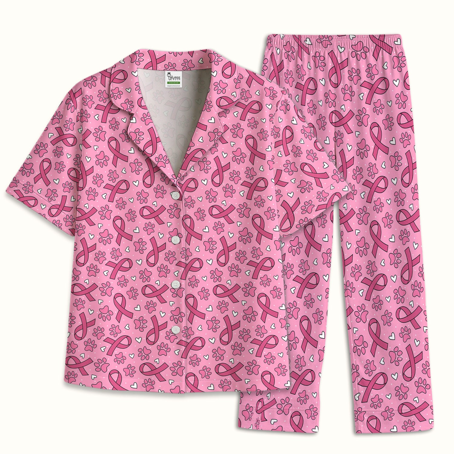 Pink Ribbon Paw Print Pajama Set, Soft Breathable Fabric Comfortable Sleepwear