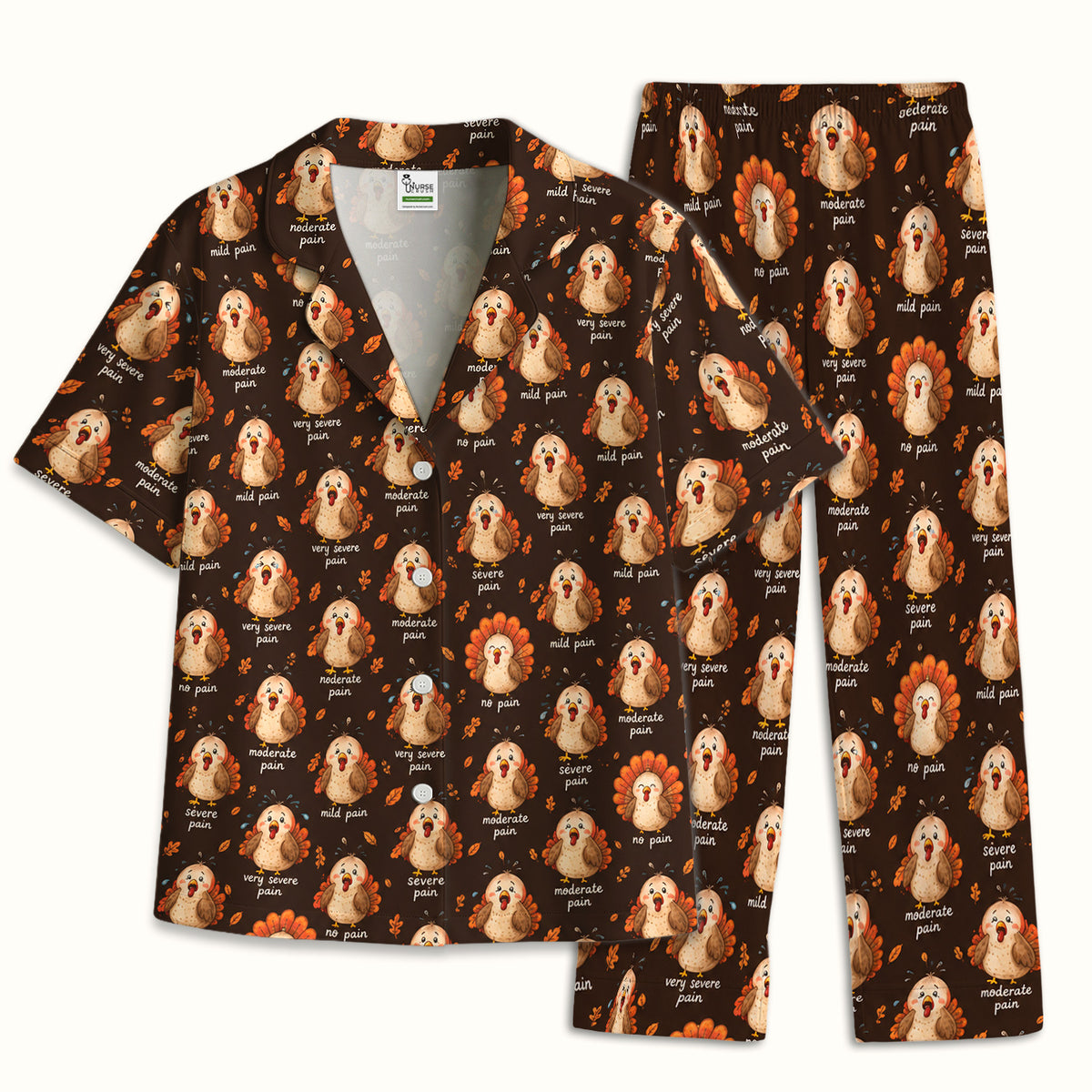 Funny Thanksgiving Turkey Pain Scale Pattern Pajama Set, Soft Breathable Fabric Comfortable Sleepwear