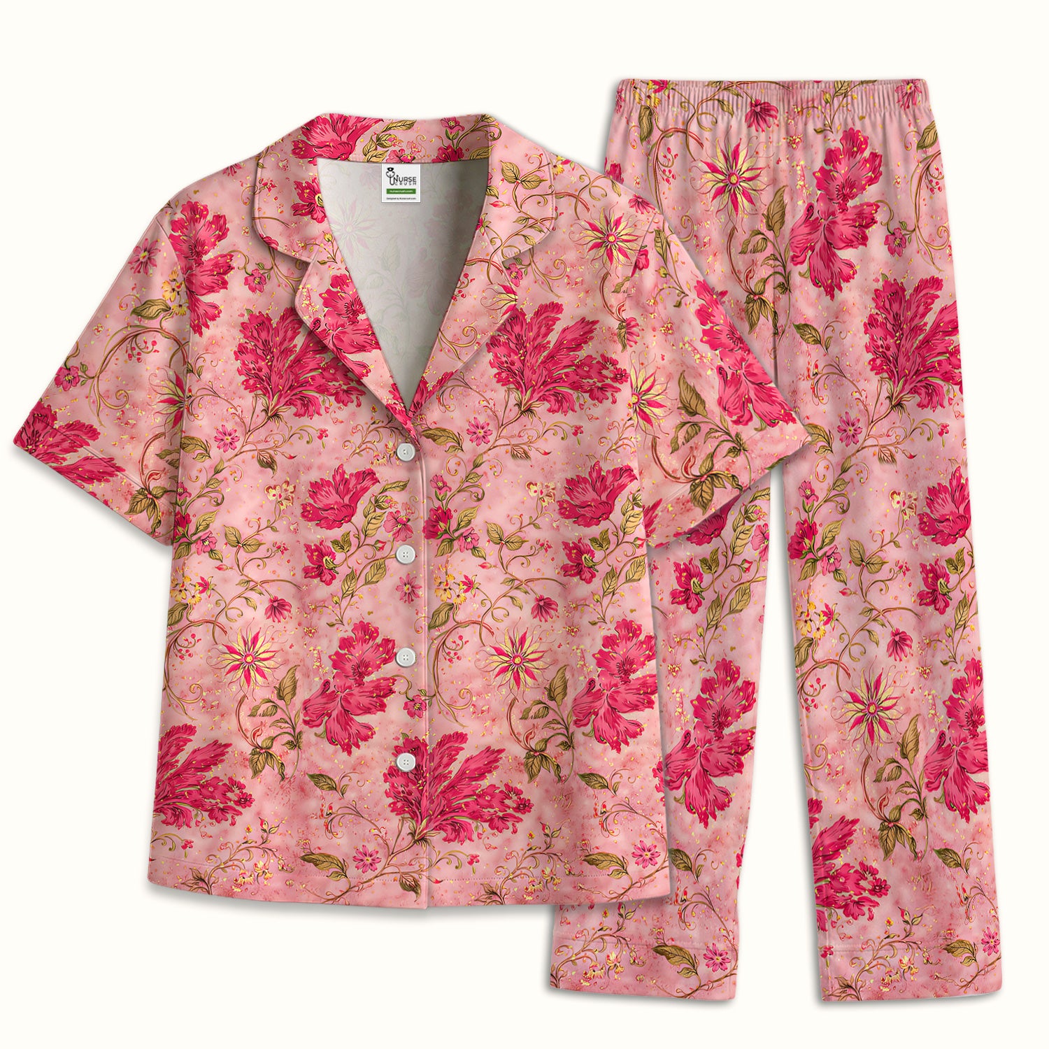 Elegant Pink Floral Vine Pajama Set, Soft Breathable Fabric Comfortable Sleepwear