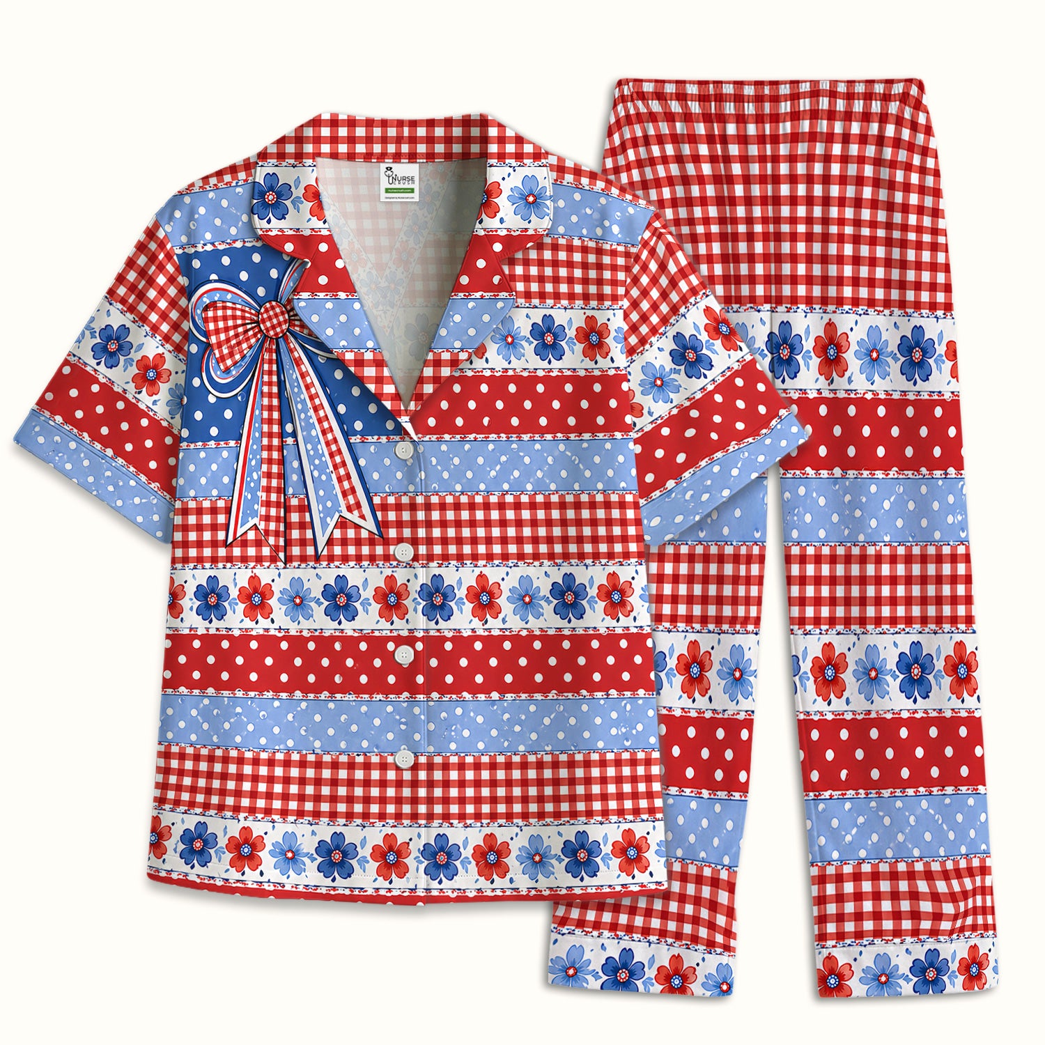 Patriotic Gingham Bow Floral Pattern Pajama Set, Soft Breathable Fabric Comfortable Sleepwear