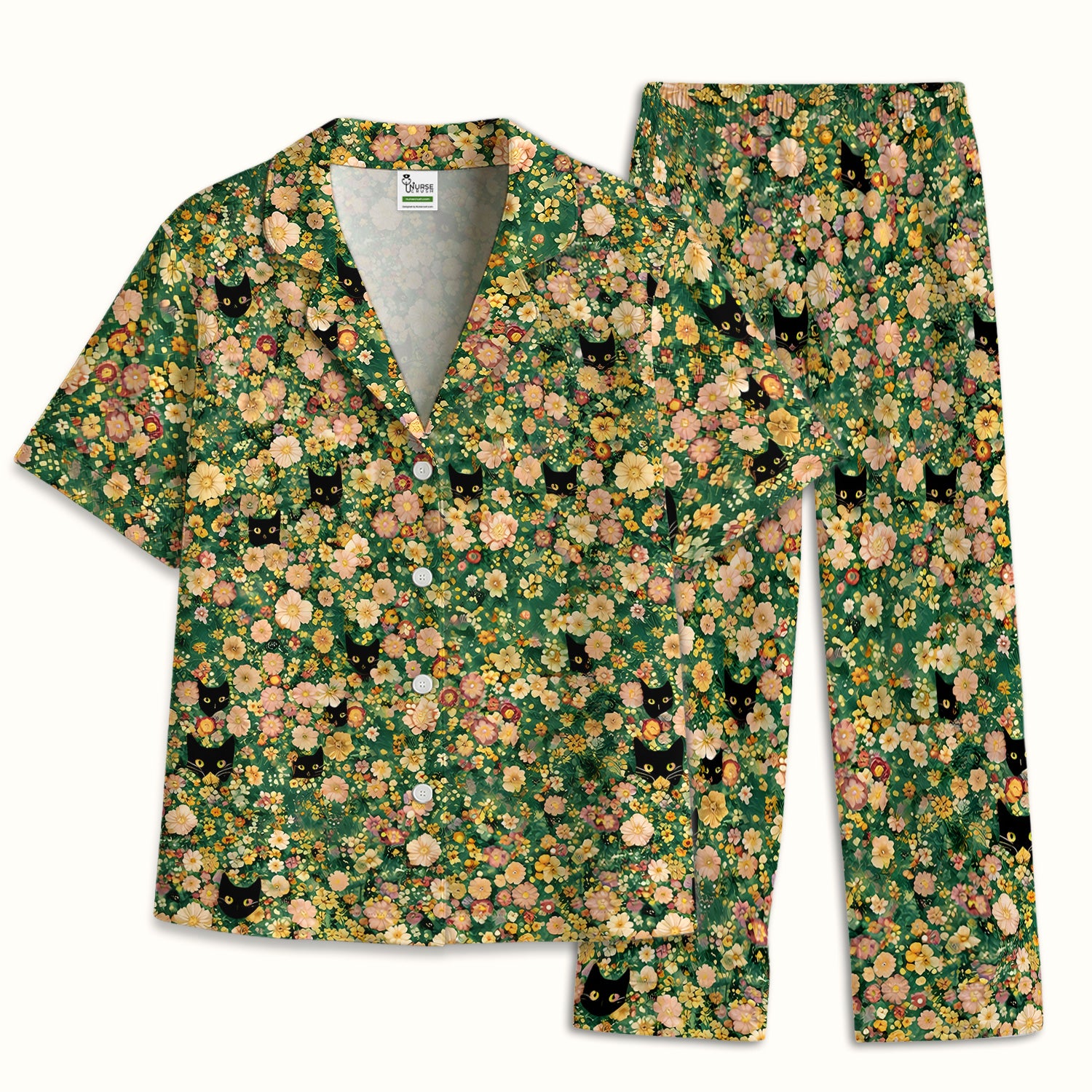 Cute Black Cat In Floral Garden Pattern Pajama Set, Soft Breathable Fabric Comfortable Sleepwear