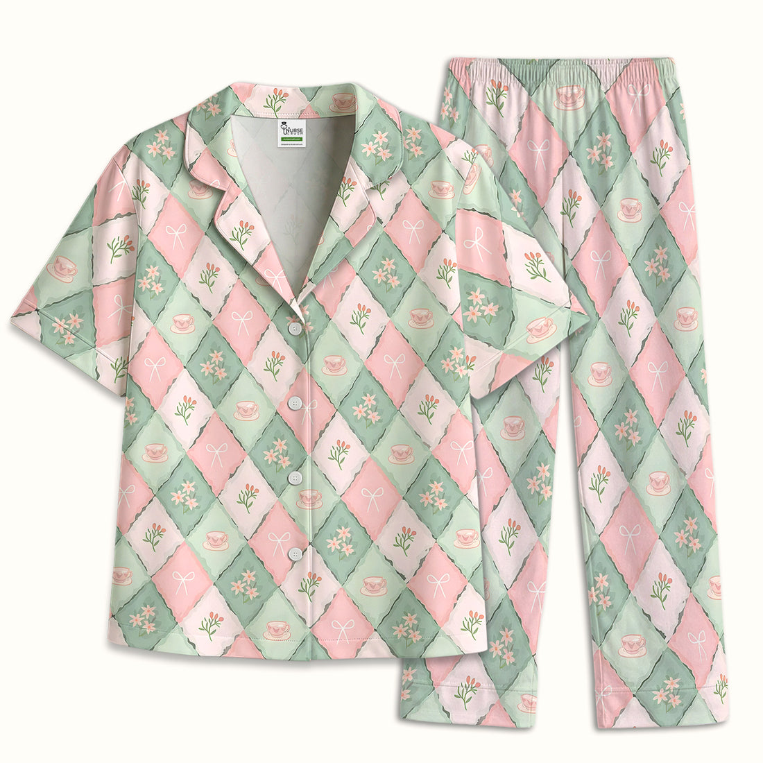 Flowers Tea Cups Pattern  Pajama Set, Soft Breathable Fabric Comfortable Sleepwear