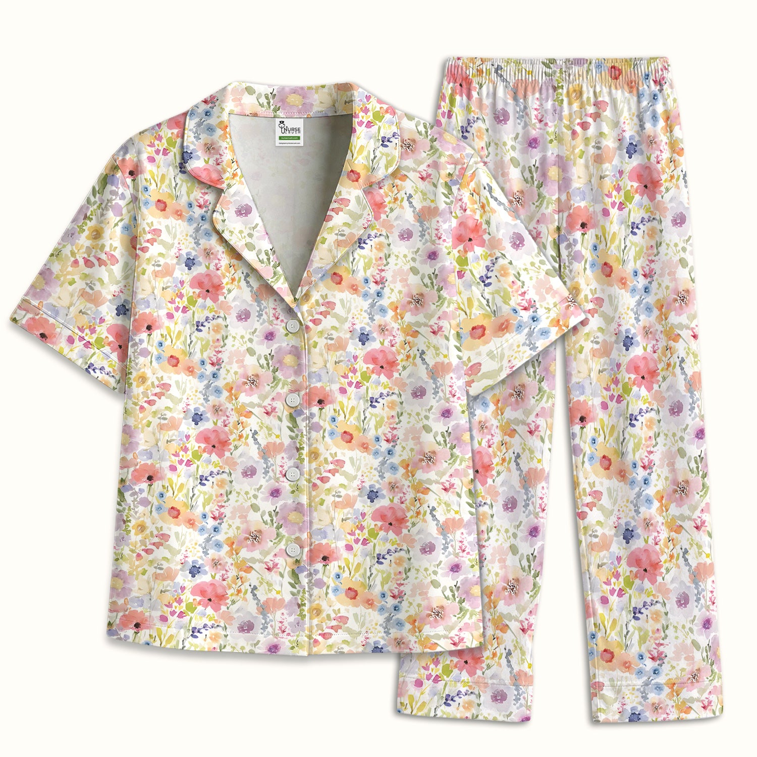 Pastel Watercolor Floral Print Pajama Set, Soft Breathable Fabric Comfortable Sleepwear