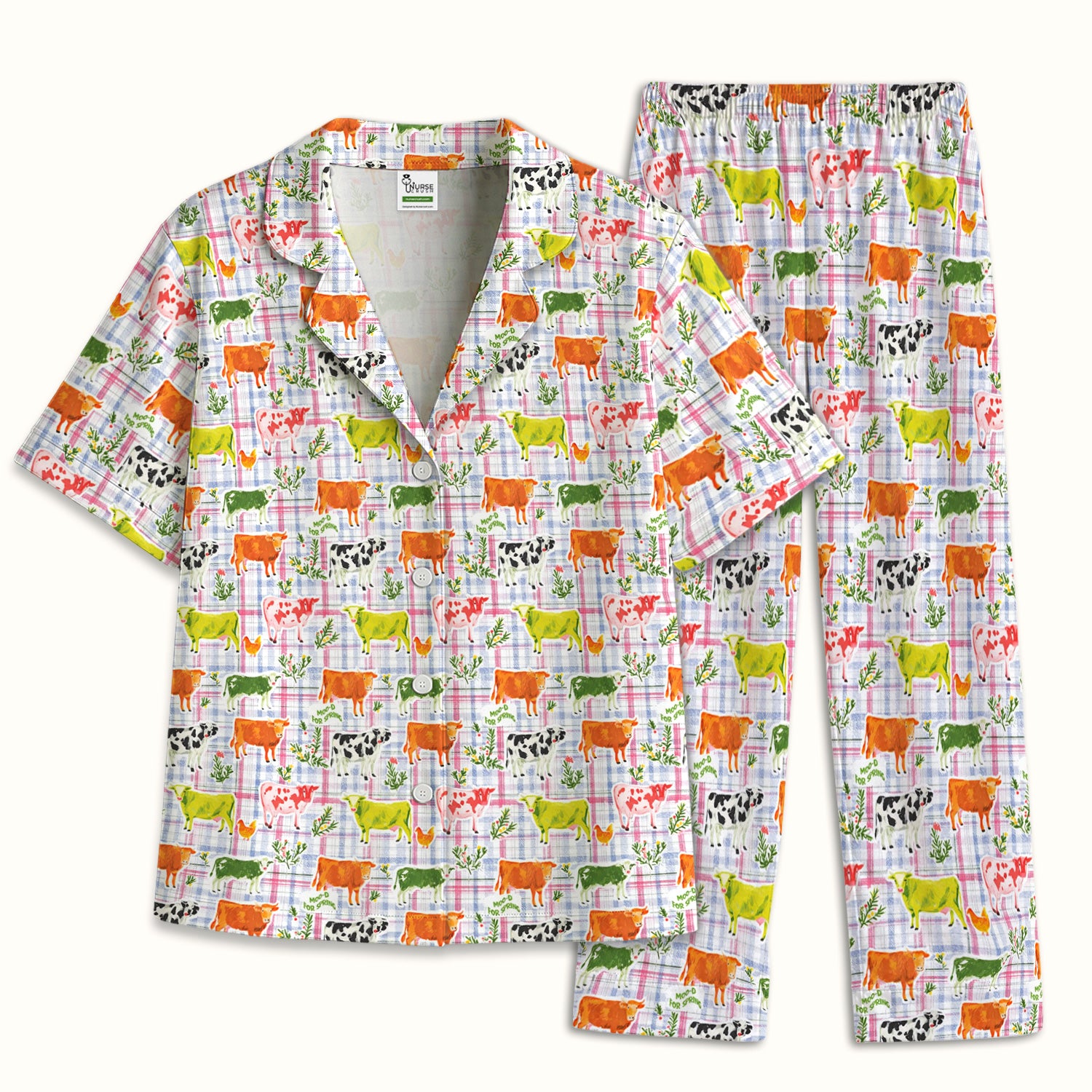 Colorful Farm Cow Plaid Print Pajama Set, Soft Breathable Fabric Comfortable Sleepwear