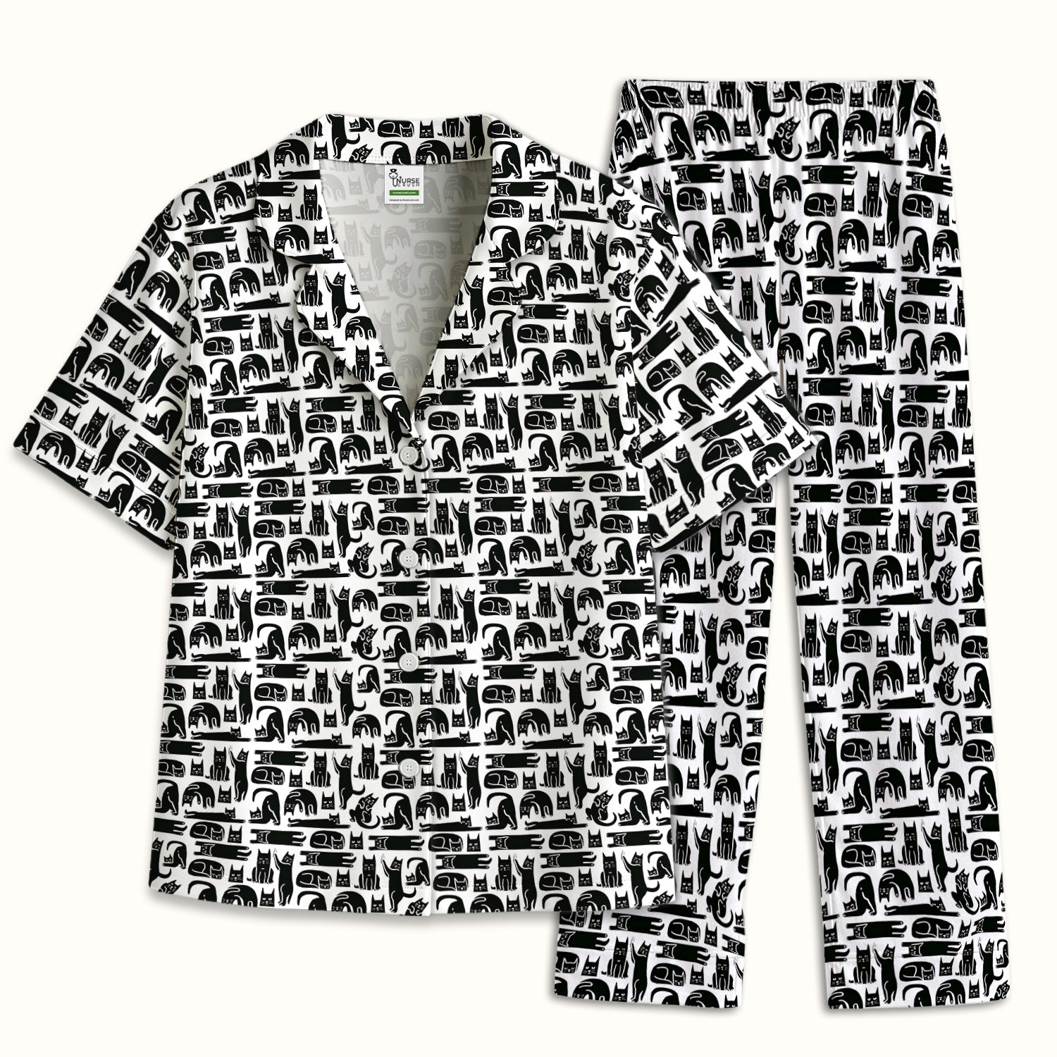 Cute Funny Cat Poses Print Pajama Set, Breathable Fabrics Uniform