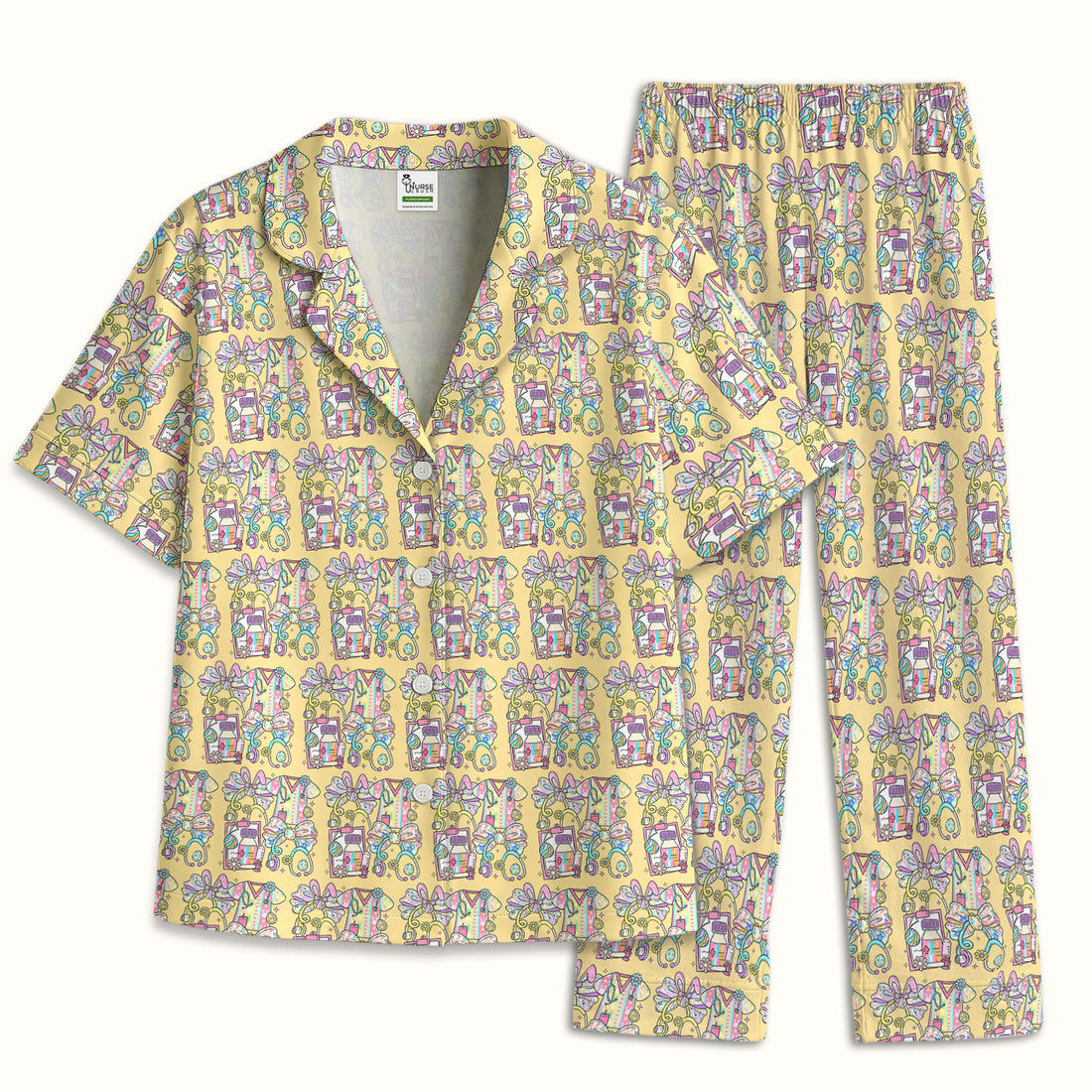Colorful Nurse Scrub Supplies Pattern Pajama Set, Breathable Fabrics Uniform