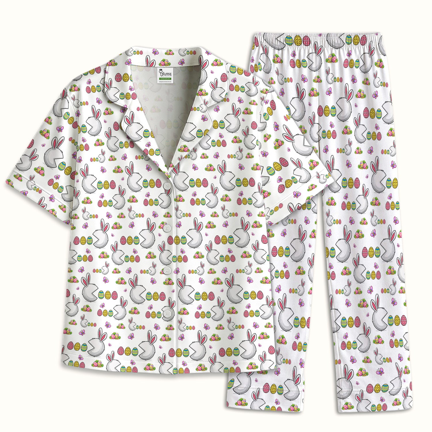 Easter Bunny and Colorful Eggs Print  Pajama Set, Breathable Fabrics Uniform