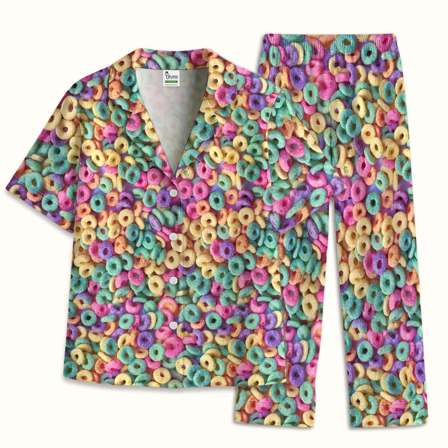 Colorful Cereal Loops Pattern Pajama Set, Soft Breathable Fabric Comfortable Sleepwear