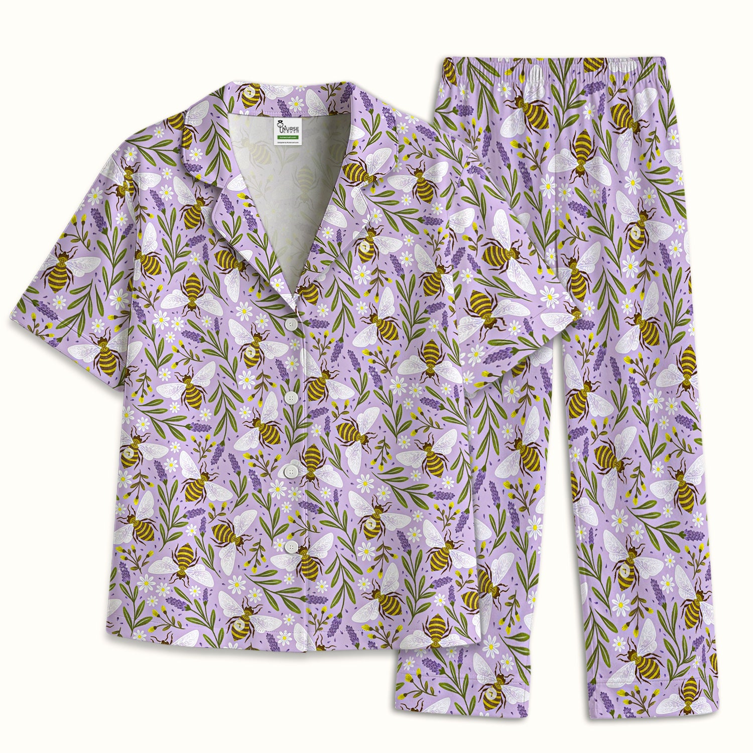 Cute Lavender Bee Floral Pattern Pajama Set, Soft Breathable Fabric Comfortable Sleepwear