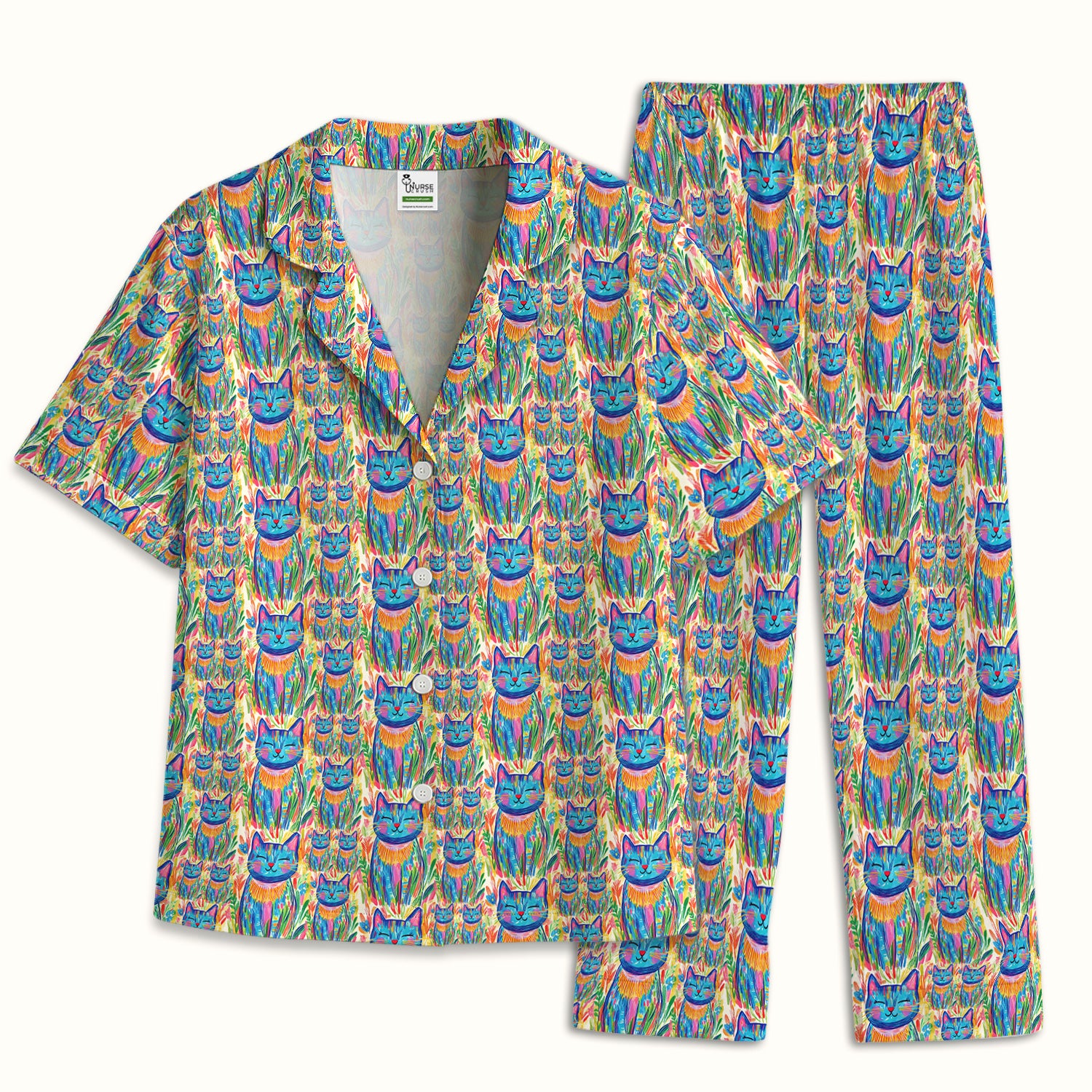 Colorful Rainbow Cat With Floral Brushstroke Pajama Set, Soft Breathable Fabric Comfortable Sleepwear