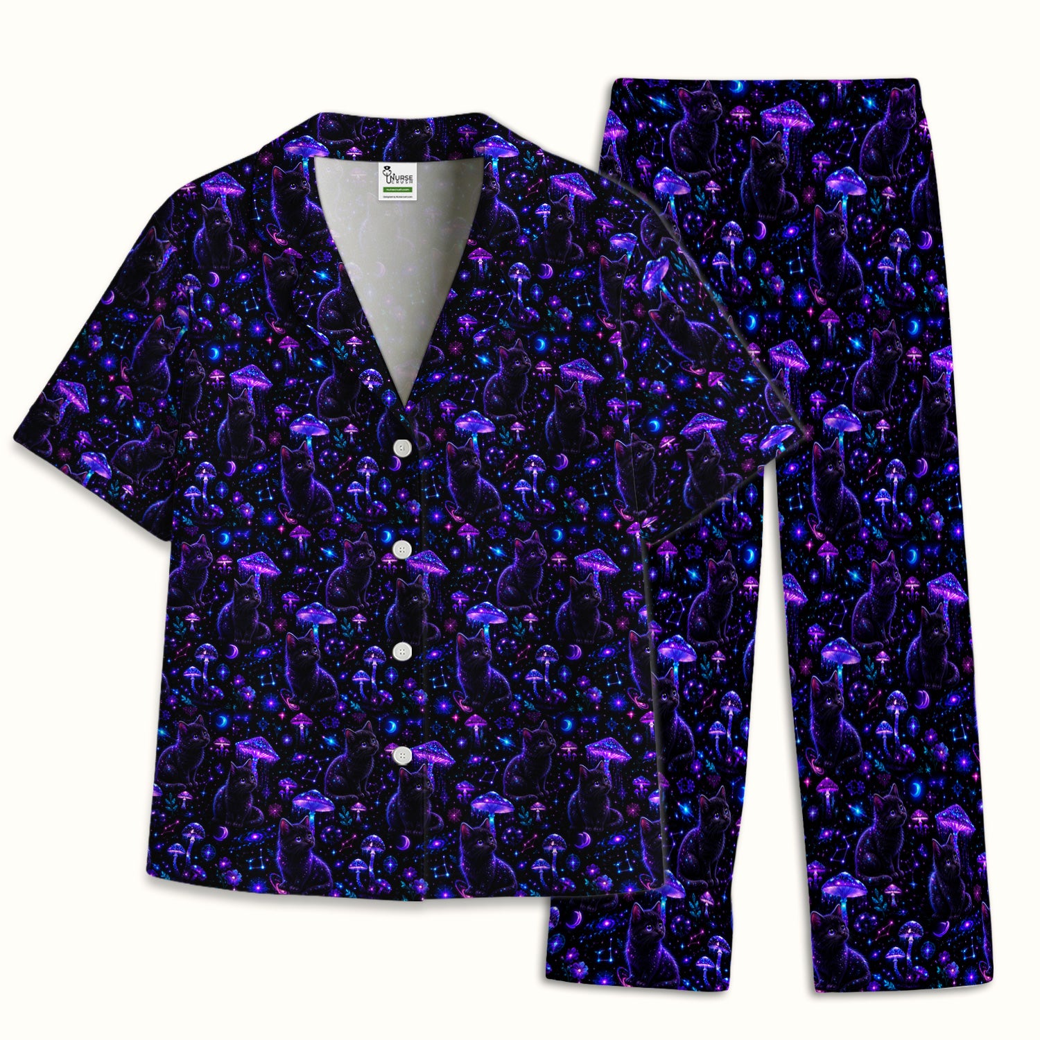 Mystical Black Cat Neon Mushroom Print Pajama Set, Soft Breathable Fabric Comfortable Sleepwear