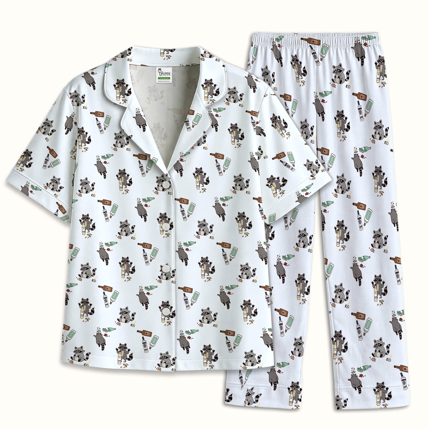 Messy Drunk Raccoon Pattern Pajama Set, Soft Breathable Fabric Comfortable Sleepwear