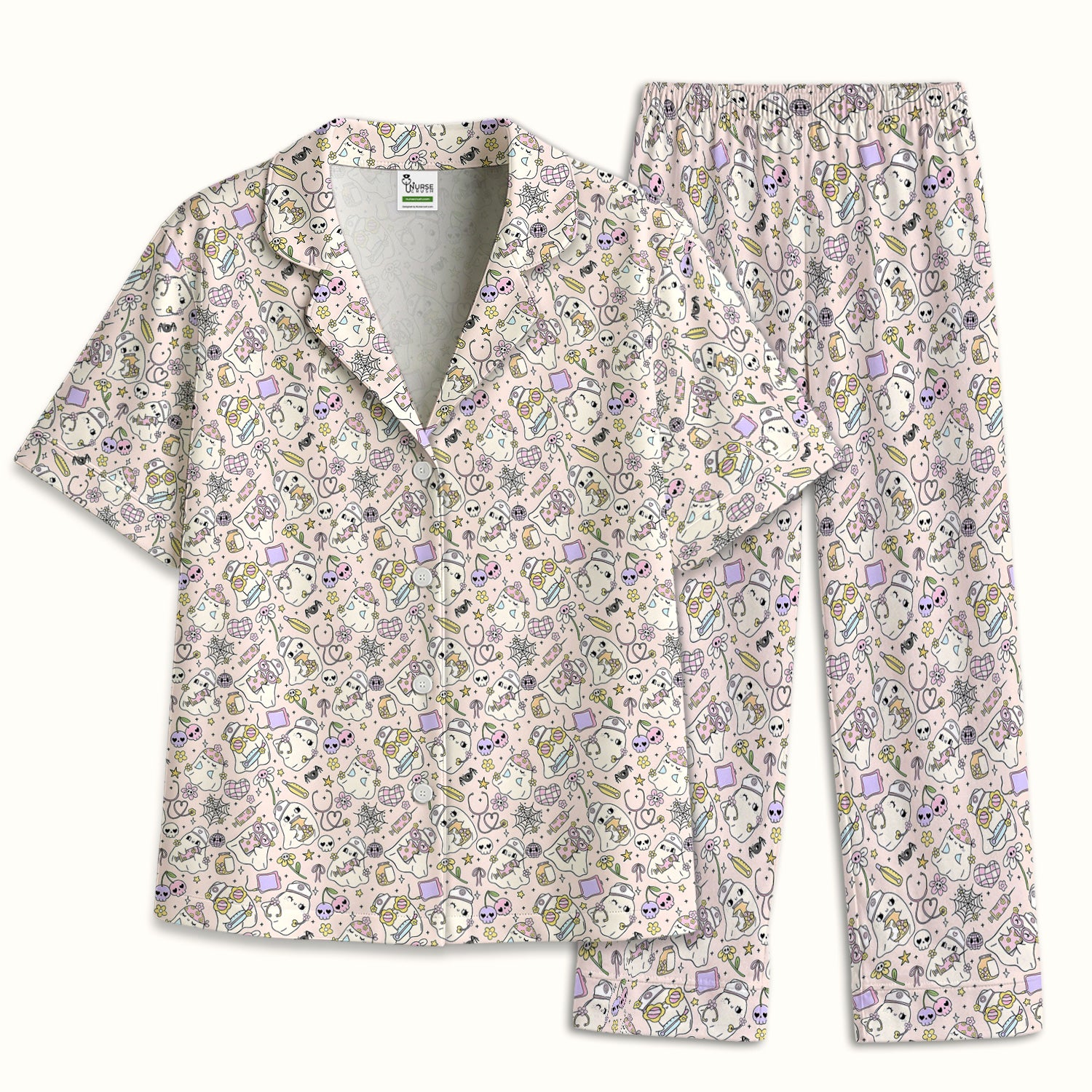 Cute Halloween Nurse Ghosts Pattern Pajama Set, Soft Breathable Fabric Comfortable Sleepwear