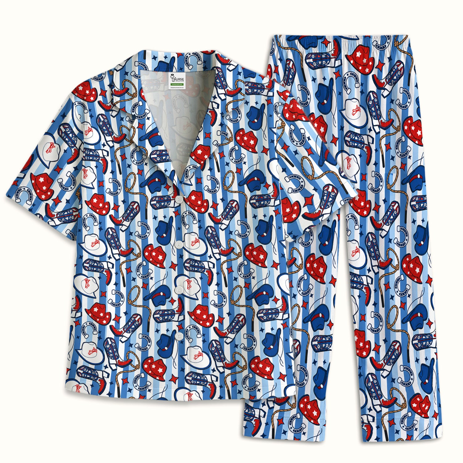 Western Cowboy Boots And Hats PrintPajama Set, Soft Breathable Fabric Comfortable Sleepwear