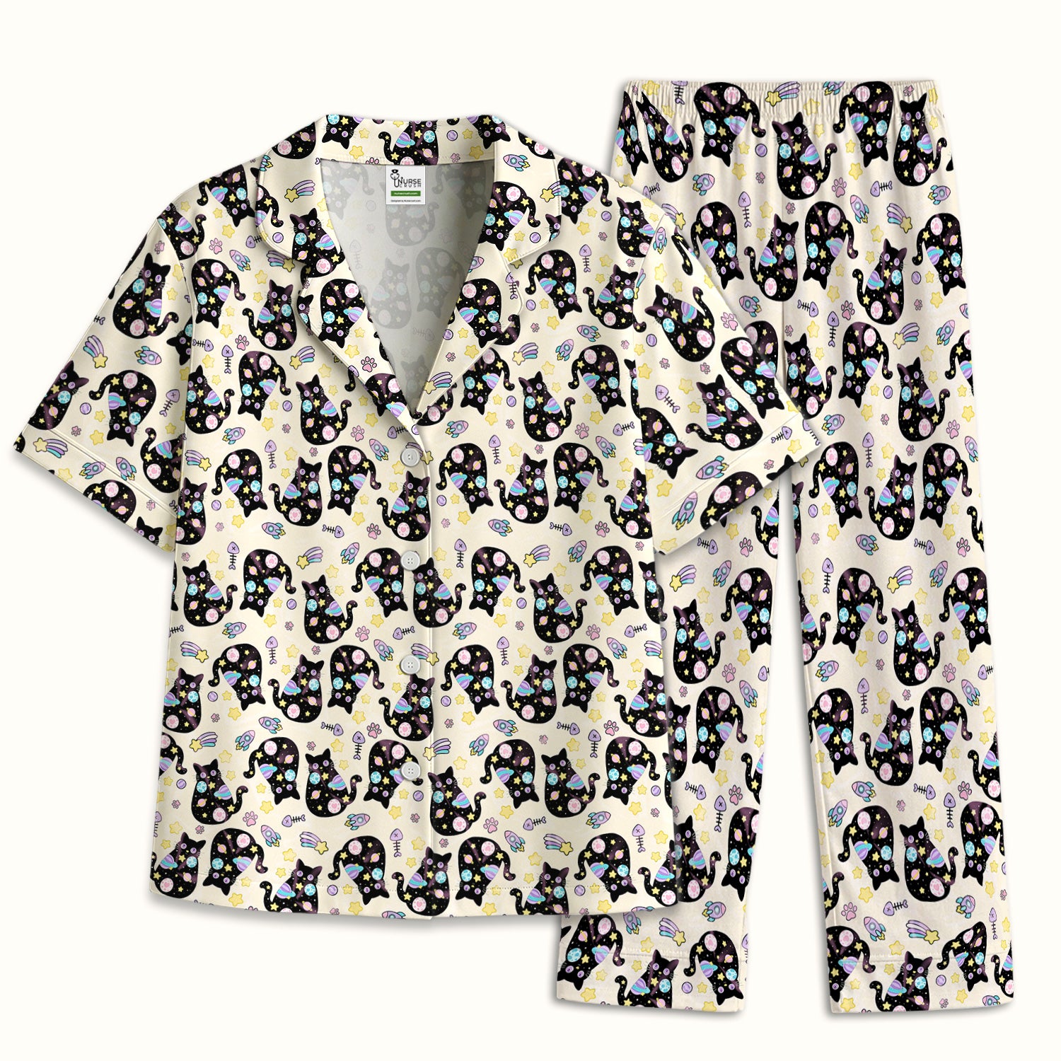Galaxy Black Cat Space Pattern Pajama Set, Breathable Fabrics Uniform