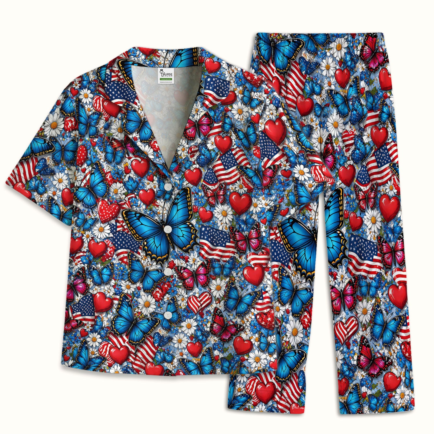 Festive Patriotic Butterfly Heart Floral Pattern Pajama Set, Soft Breathable Fabric Comfortable Sleepwear