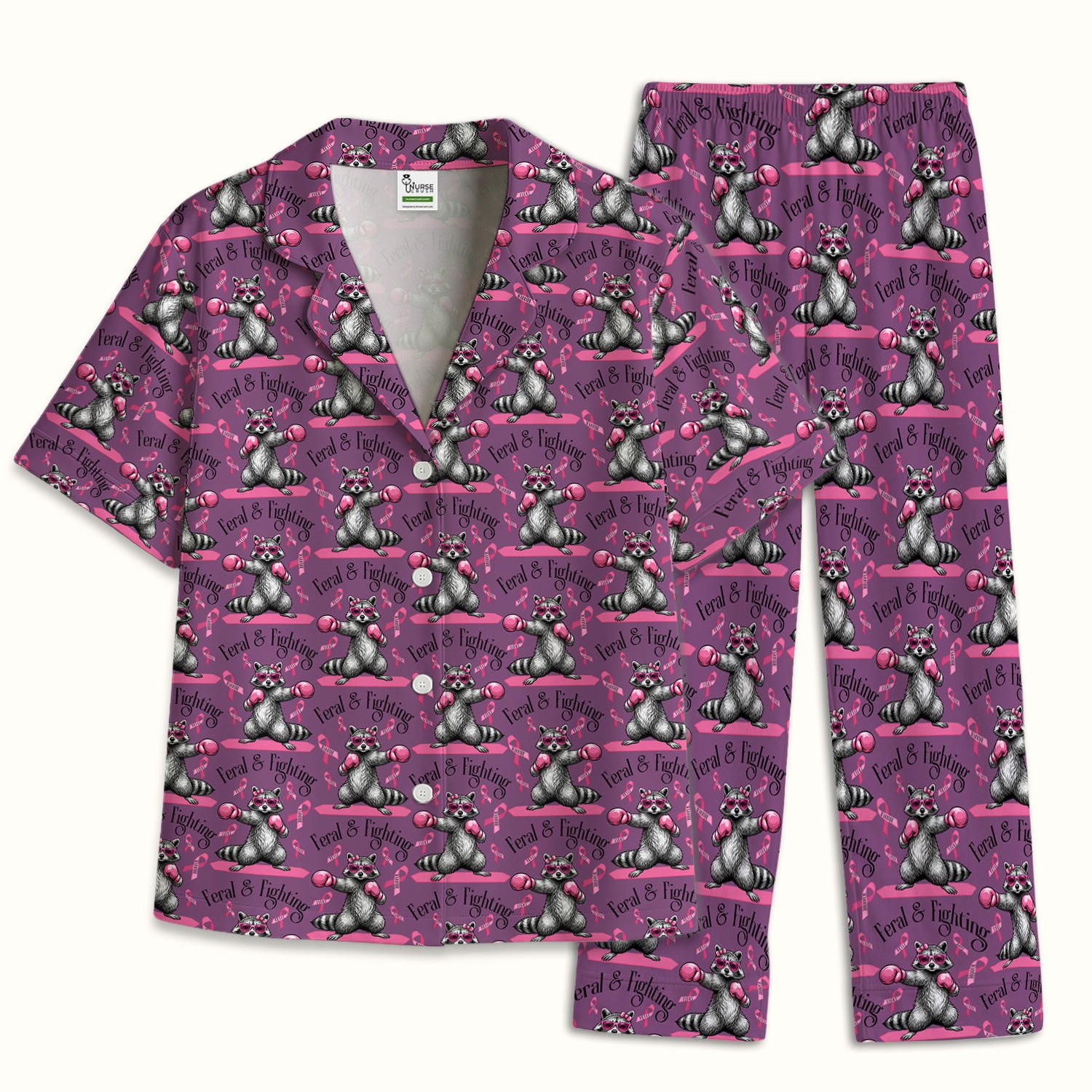 Breast Cancer Awareness Raccoon Pajama Set, Soft Breathable Fabric Comfortable Sleepwear
