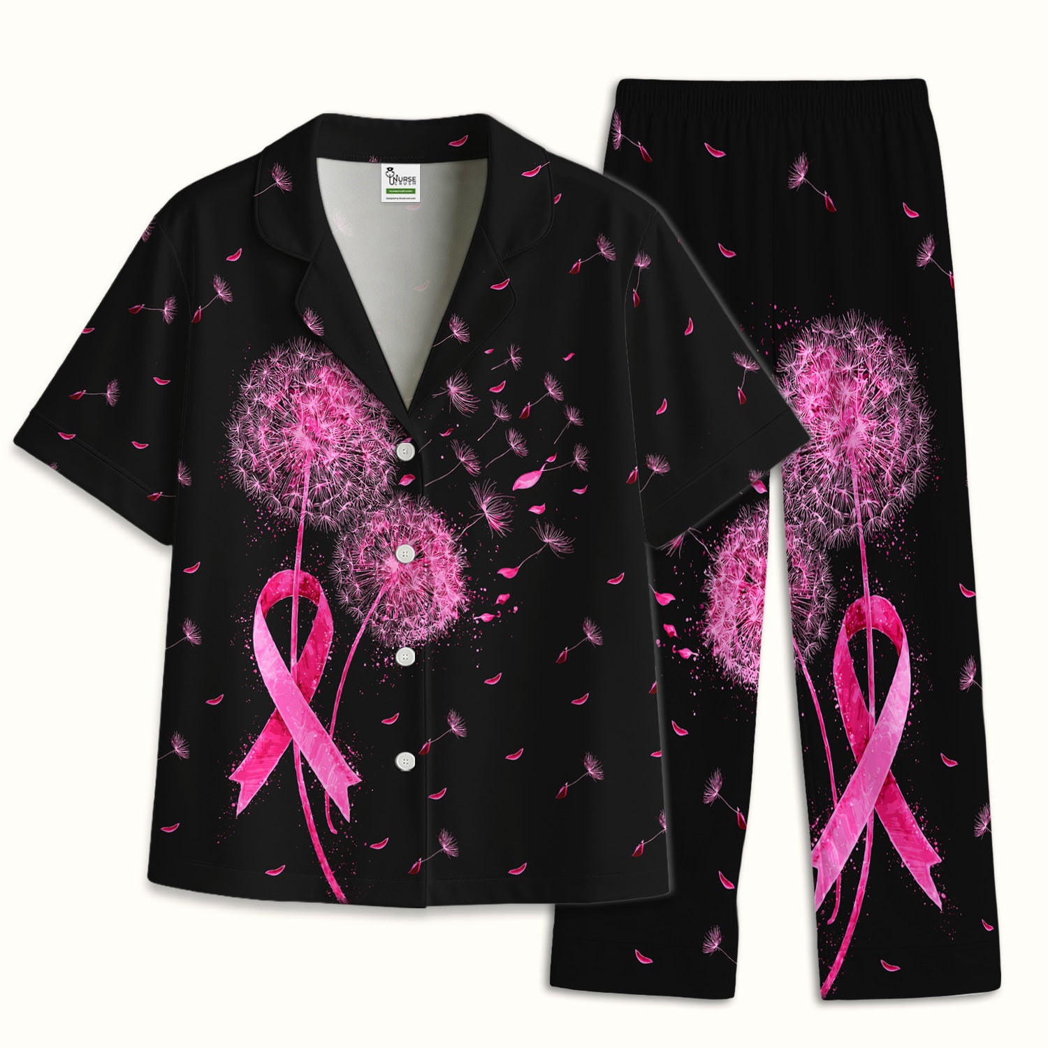 Meaningful Pink Ribbon Dandelion Pajama Set, Soft Breathable Fabric Comfortable Sleepwear