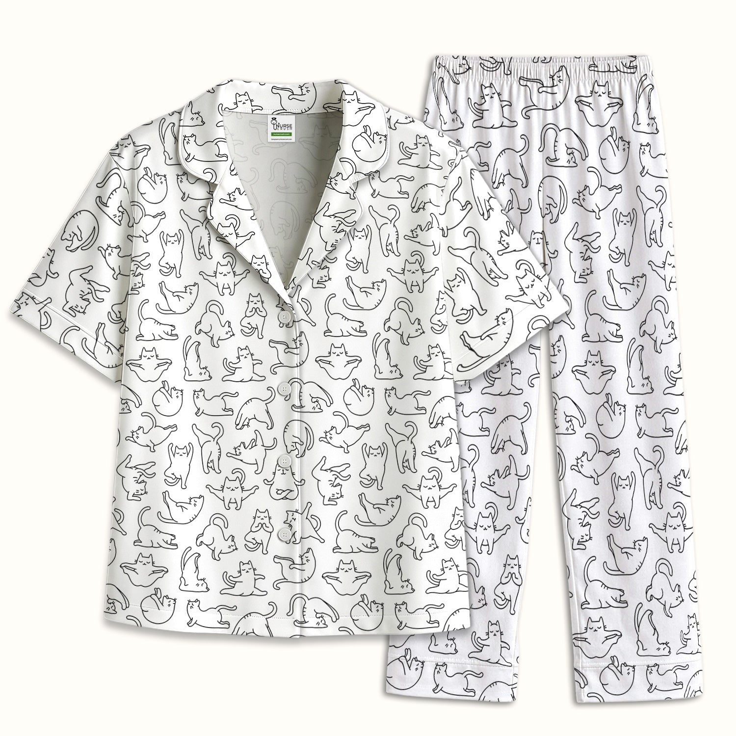 Cute Cat Outline Playing Pattern Pajama Set, Soft Breathable Fabric Comfortable Sleepwear
