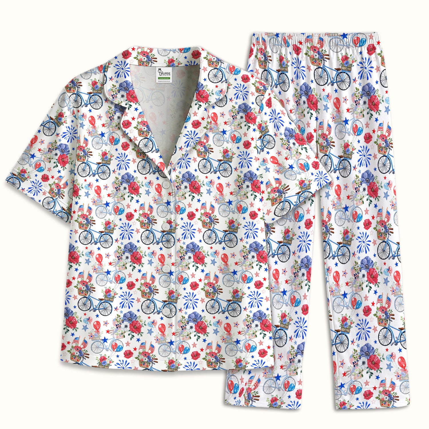 Patriotic Bicycle Floral Fireworks Print Pajama Set, Soft Breathable Fabric Comfortable Sleepwear