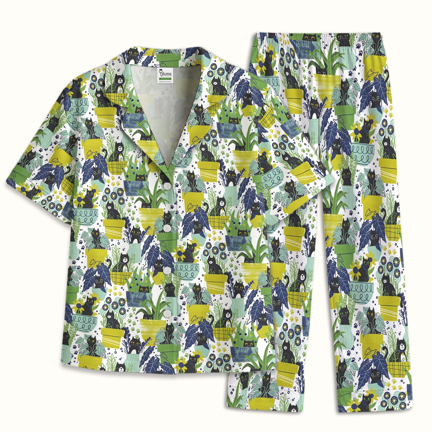 Black Cat Planter Garden Pattern Pajama Set, Soft Breathable Fabric Comfortable Sleepwear