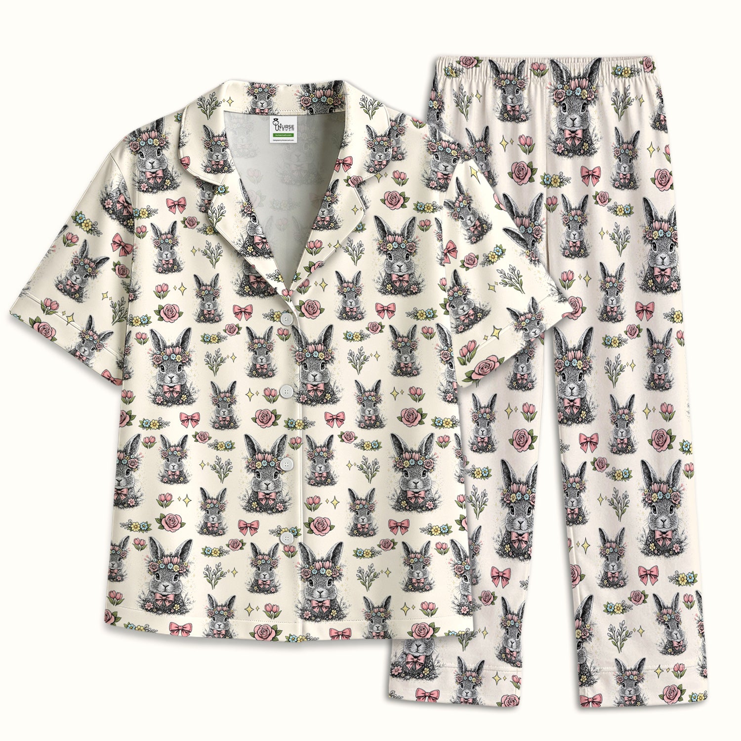 Easter Vintage Floral Bunny Print Pajama Set, Breathable Fabrics Uniform