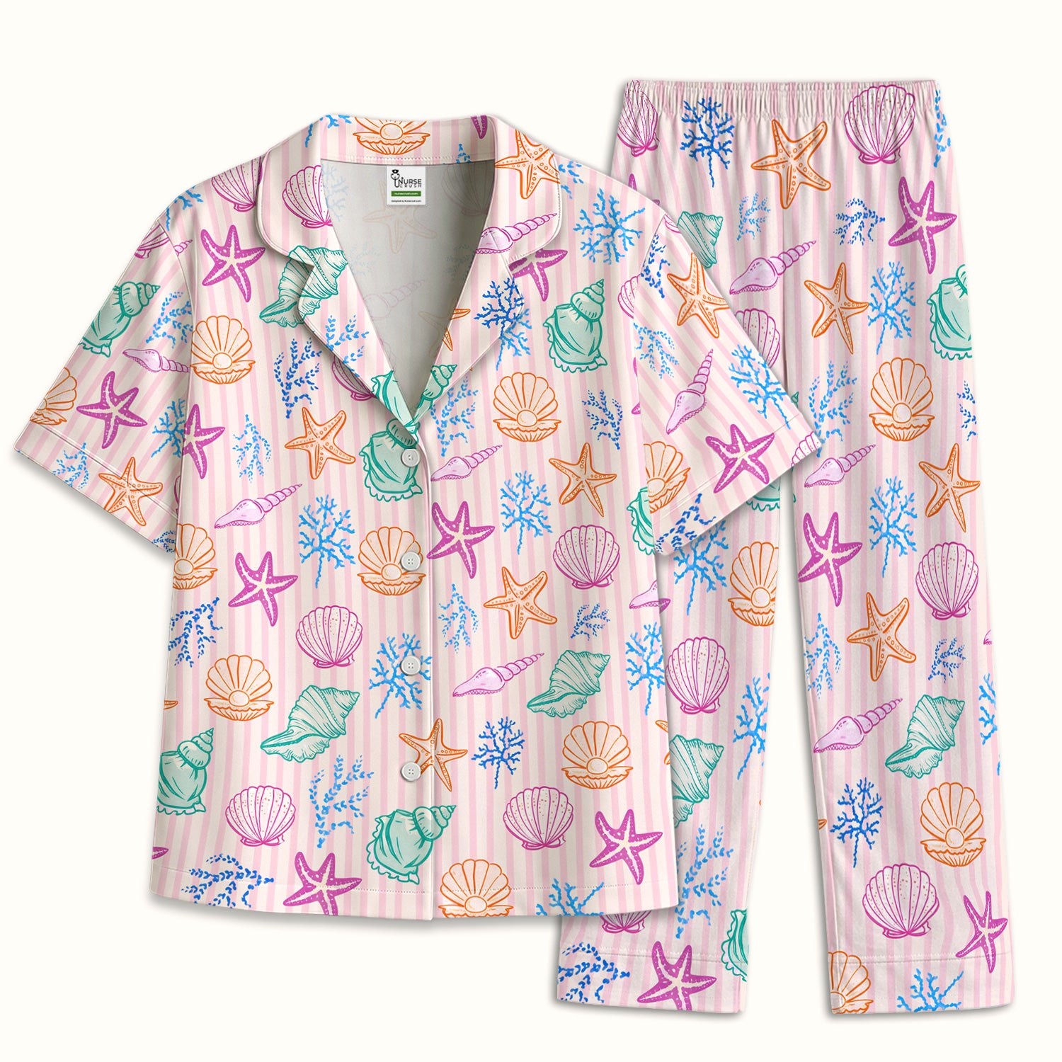 Colorful Seashell Starfish Ocean Stripe Pattern Pajama Set, Breathable Fabrics Uniform