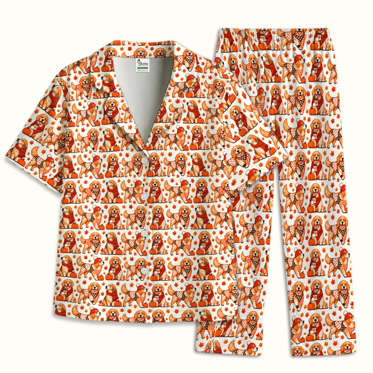 Fall Golden Retriever And Pumpkin Pajama Set, Soft Breathable Fabric Comfortable Sleepwear