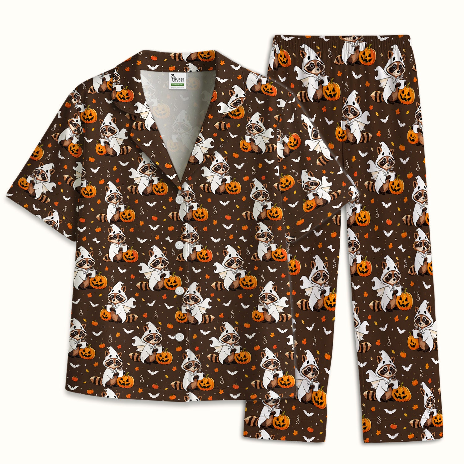 Halloween Ghost Raccoon Pumpkin Pajama Set, Soft Breathable Fabric Comfortable Sleepwear