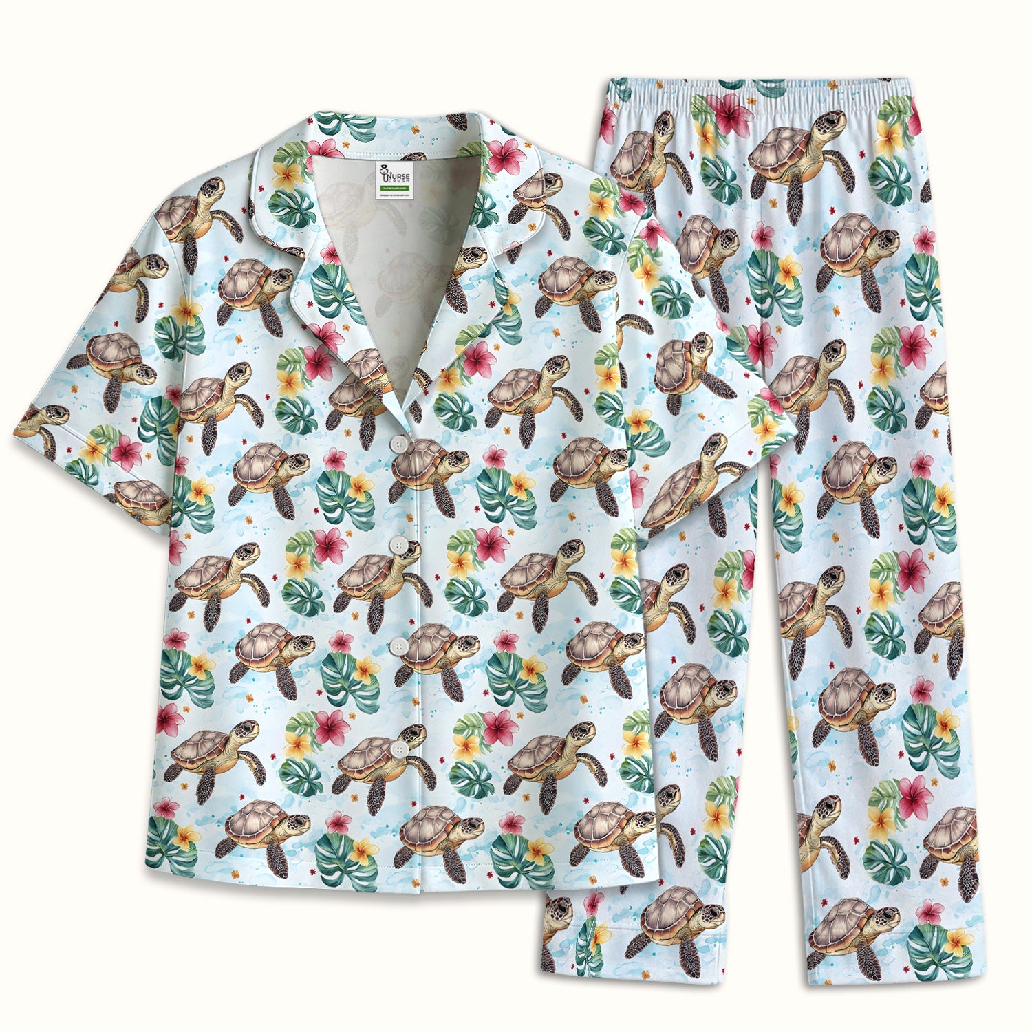 Sea Turtle Tropical Floral Pattern Pajama Set, Soft Breathable Fabric Comfortable Sleepwear