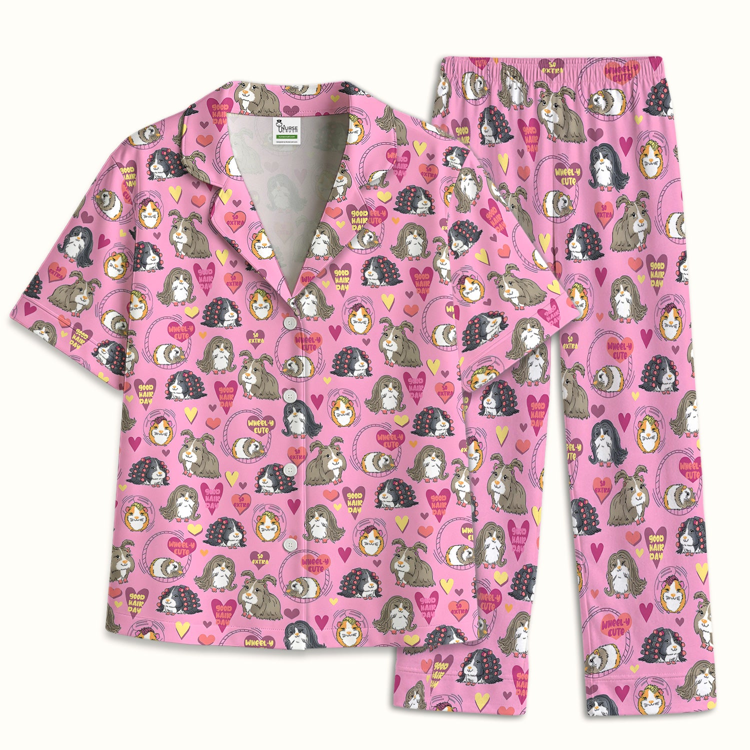 Cute Guinea Pig Heart Pattern Pajama Set, Soft Breathable Fabric Comfortable Sleepwear