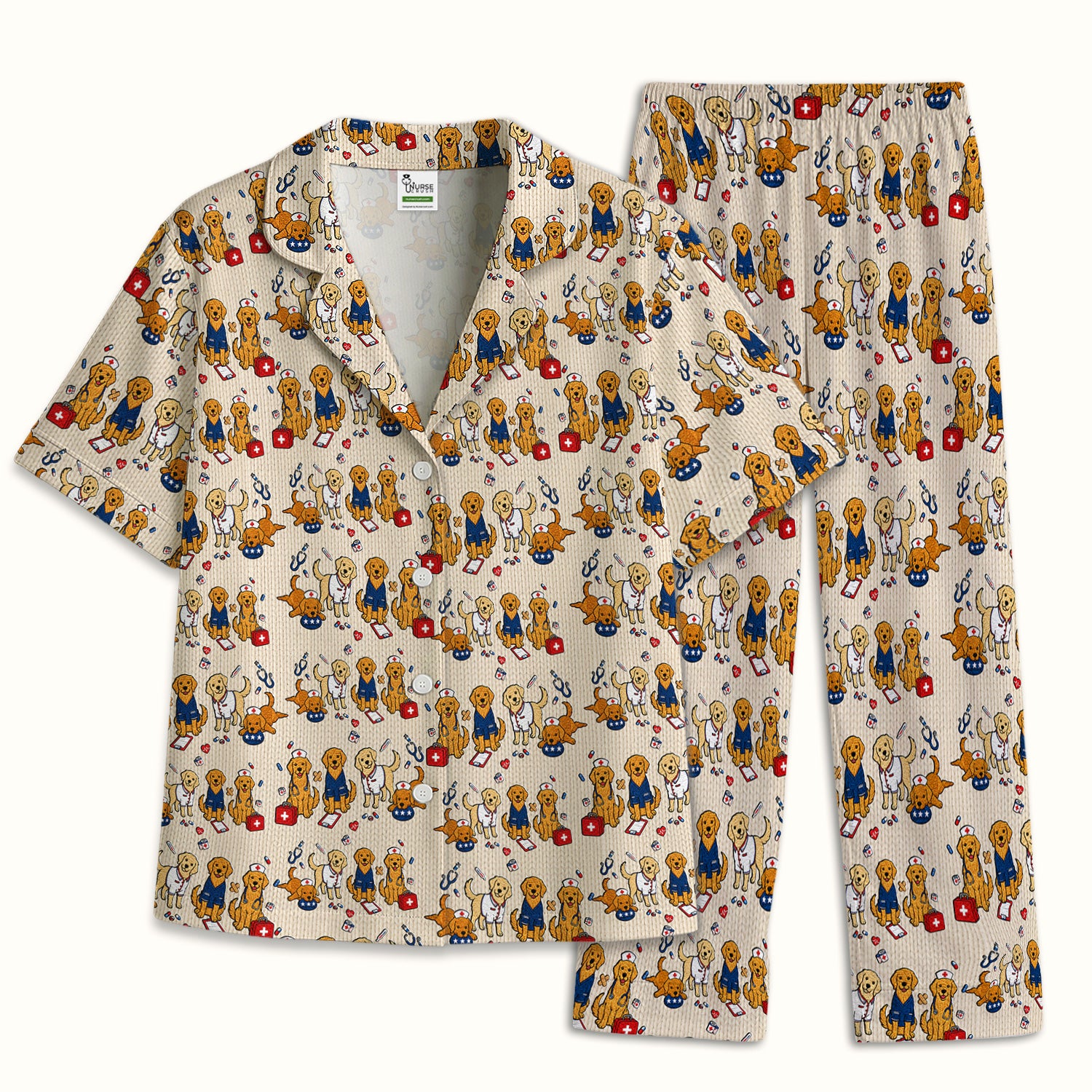 Golden Retriever Nurse Dog Pattern Scrub Top, Breathable Fabrics Nursing Uniform Pajama Set, Soft Breathable Fabric Comfortable Sleepwear