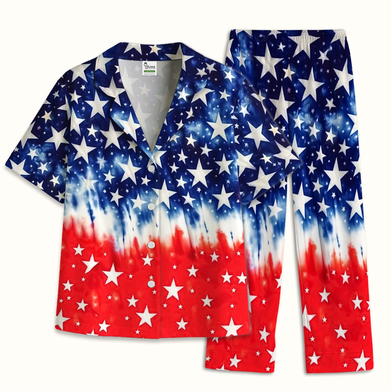 Patriotic Stars Tie Dye Pattern Pajama Set, Soft Breathable Fabric Comfortable Sleepwear
