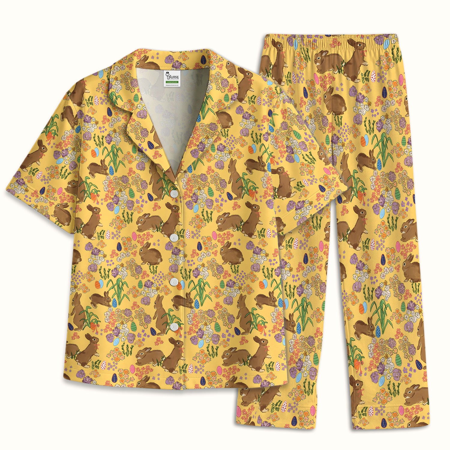 Cute Easter Bunny Pattern Pajama Set, Soft Breathable Fabric Comfortable Sleepwear