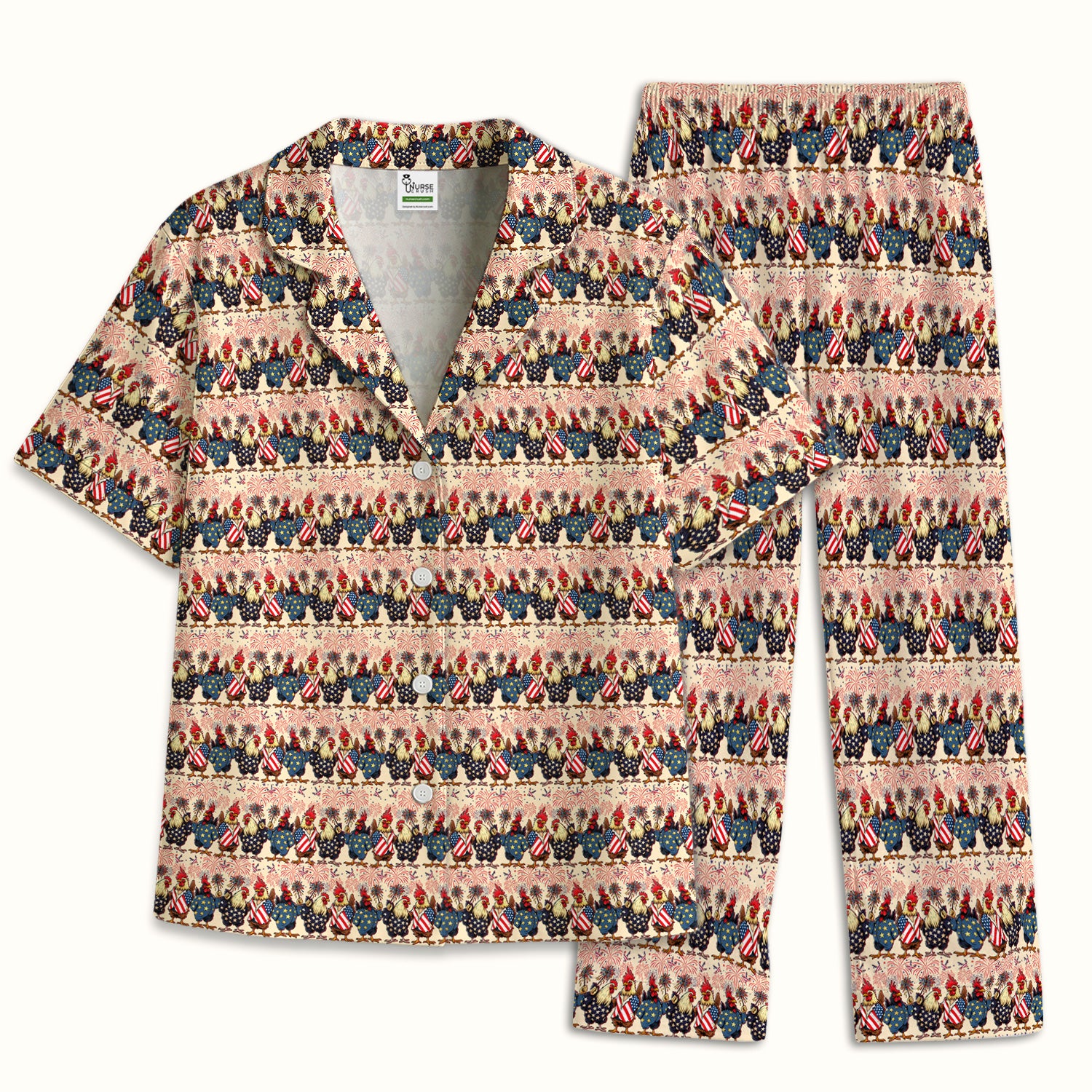 Patriotic Rooster Fireworks Pattern Pajama Set, Breathable Fabrics Uniform