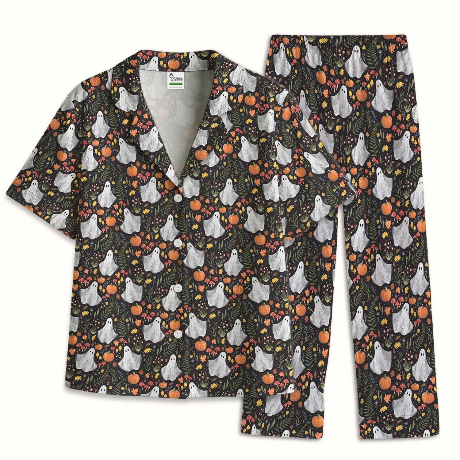 Pumpkin Woodland Pattern Pajama Set, Soft Breathable Fabric Comfortable Sleepwear