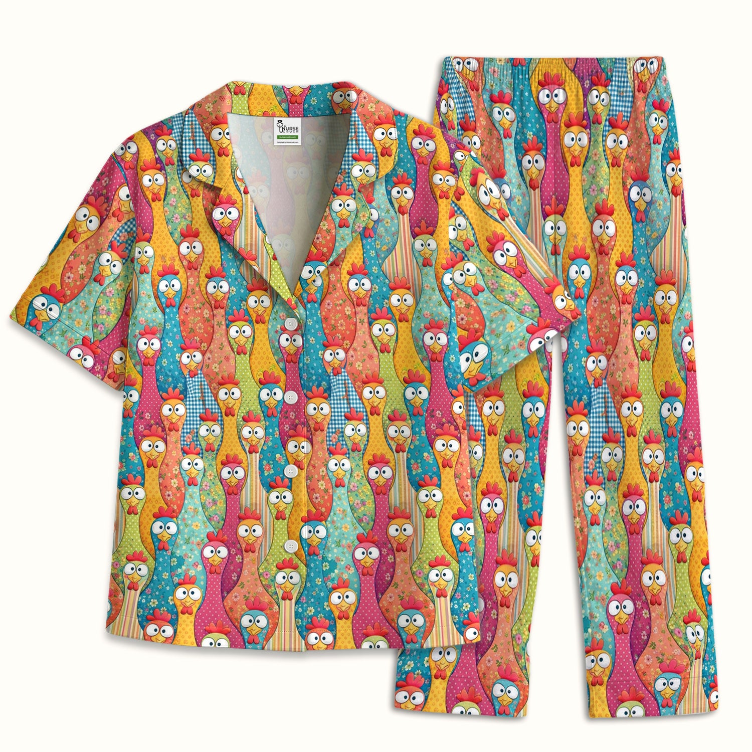 Funny Farm Chicken Cartoon Pattern Pajama Set, Soft Breathable Fabric Comfortable Sleepwear