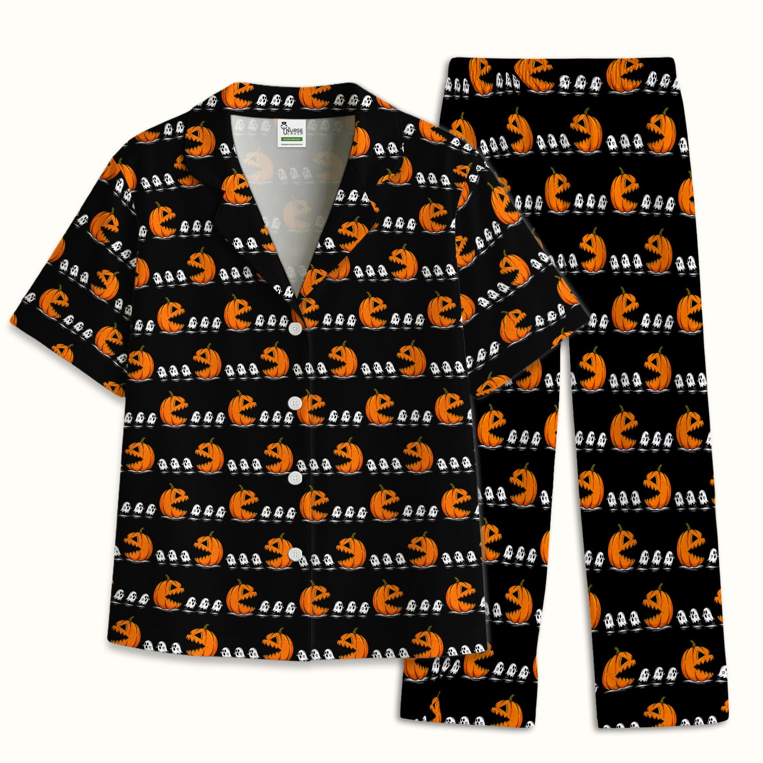Spooky Halloween Pumpkin Ghost Pajama Set, Soft Breathable Fabric Comfortable Sleepwear