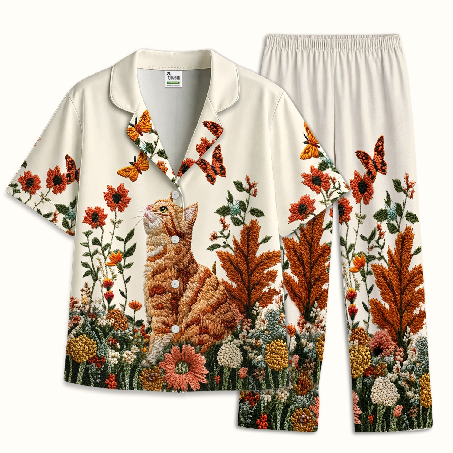 Embroidered Orange Cat Wildflower Pattern Pajama Set, Soft Breathable Fabric Comfortable Sleepwear