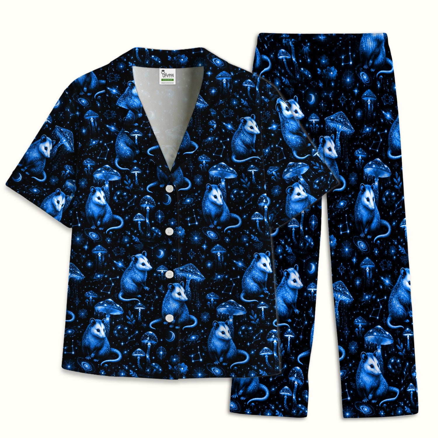 Celestial Blue Opossum With Mushroom Pattern Pajama Set, Soft Breathable Fabric Comfortable Sleepwear
