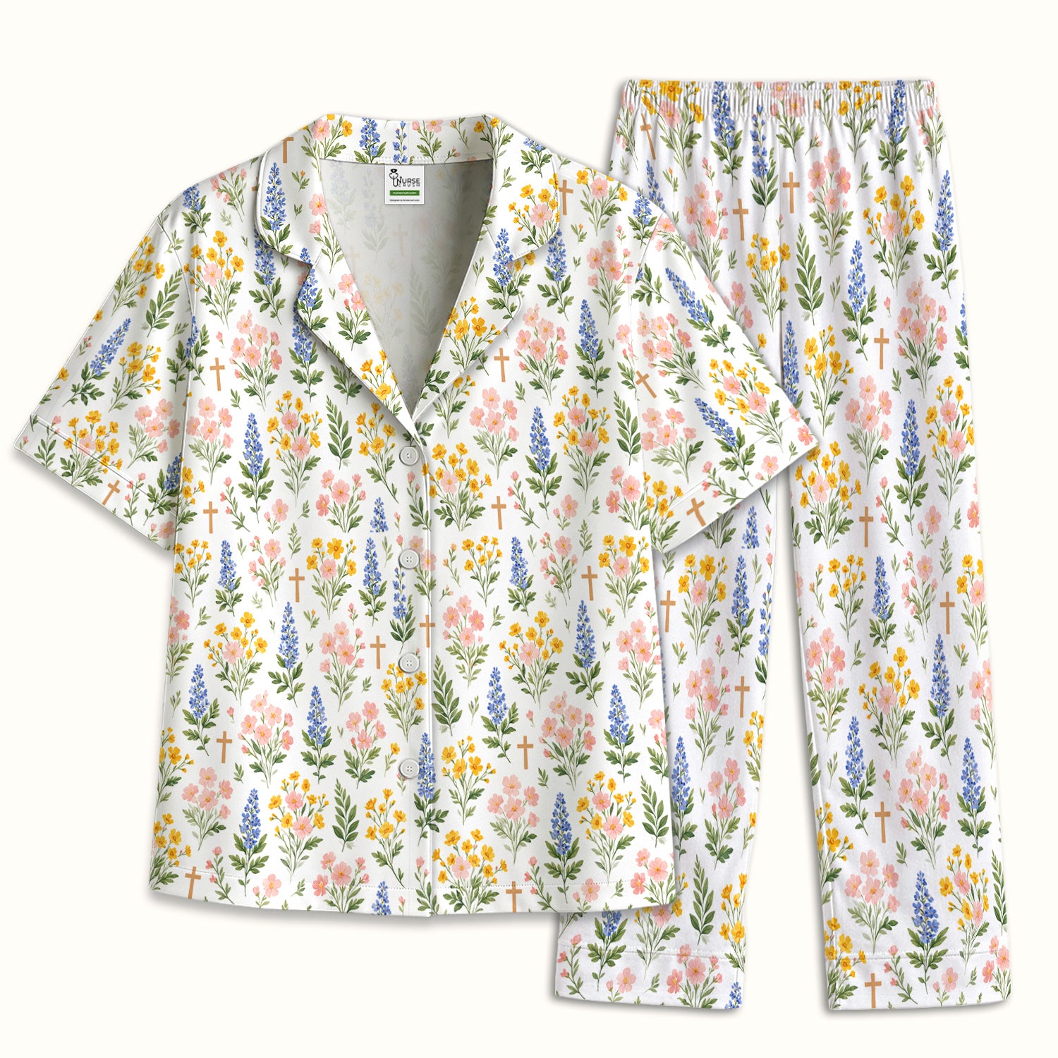 Pastel Floral Cross Nursing Pajama Set, Breathable Fabrics Uniform