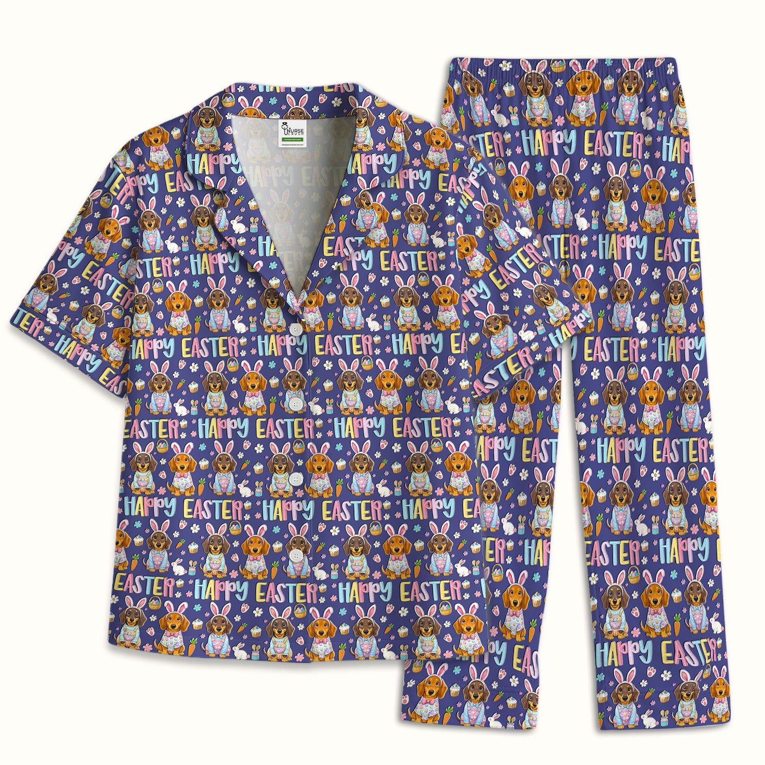 Happy Easter Dachshund Bunny Print Pajama Set, Breathable Fabrics Uniform